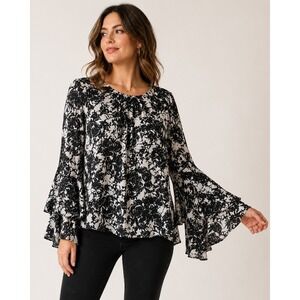 INC International Concepts Blouse Medium Floral Tiered Bell Sleeve Black White
